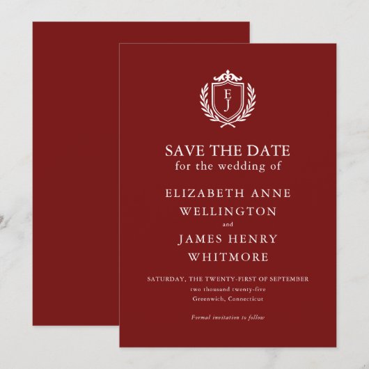 Save The Date Burgundy Crest Wedding Custom Initials (Devant / Derrière)