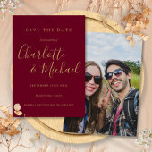 Save The Date Burgundy et Gold Elegant Signature Script Photo