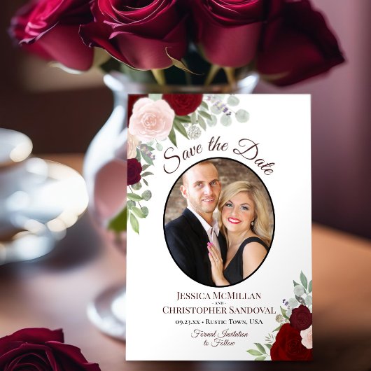 Save The Date Burgundy Floral Elegant Boho Mariage Photo
