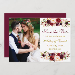 Save The Date Burgundy Floral Gold Photo Enregistrer La Date