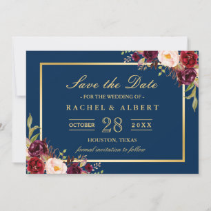Save The Date Burgundy Floral Navy Blue Photo Enregistrer la dat