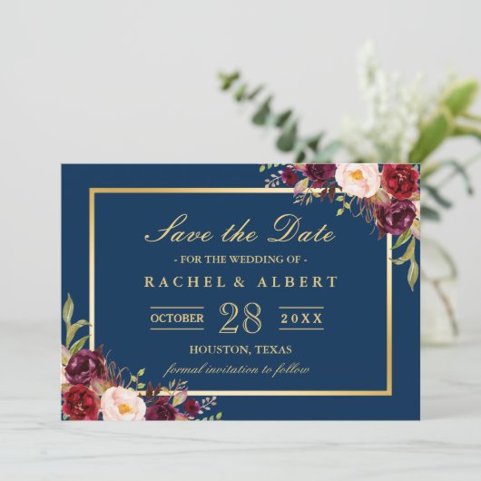 Save The Date Burgundy Floral Navy Blue Photo Enregistrer la dat (Debout devant)