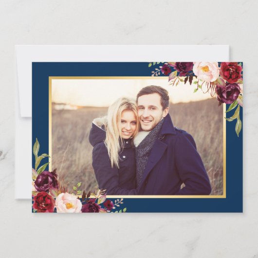 Save The Date Burgundy Floral Navy Blue Photo Enregistrer la dat (Dos)