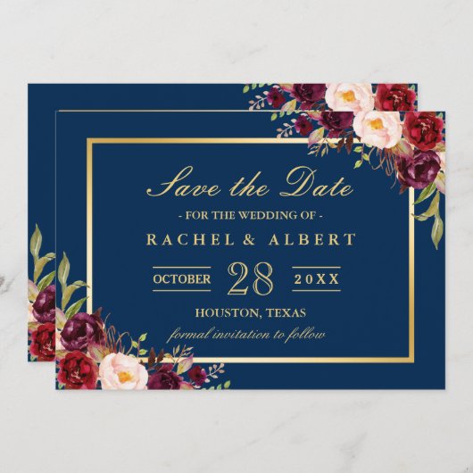 Save The Date Burgundy Floral Navy Blue Photo Enregistrer la dat (Devant / Derrière)