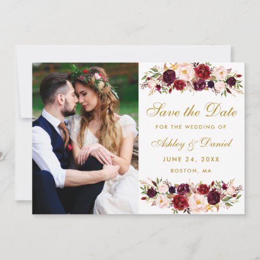 Save The Date Burgundy Floral Photo Gold Enregistrer La Date W (Devant)