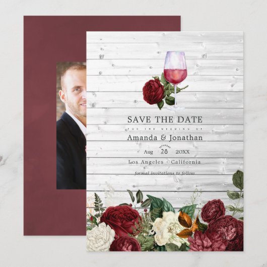 Save The Date Burgundy Floral Vin Dégustation Mariage Photo (Devant / Derrière)