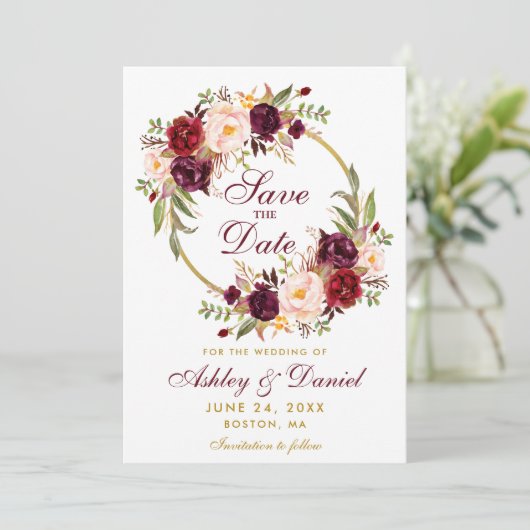 Save The Date Burgundy Floral Wreath Gold Enregistrer La Date Br (Debout devant)