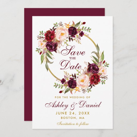Save The Date Burgundy Floral Wreath Gold Enregistrer La Date Br (Devant / Derrière)
