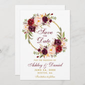 Save The Date Burgundy Floral Wreath Gold Enregistrer La Date GB (Devant / Derrière)