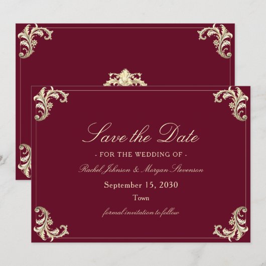 Save The Date Burgundy Gold Baroque Wedding (Devant / Derrière)