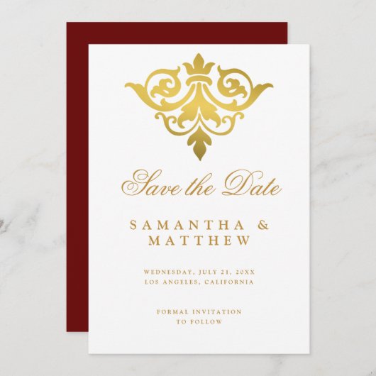 Save The Date Burgundy Gold Damask Mariage Indien Enregistrer La (Devant / Derrière)