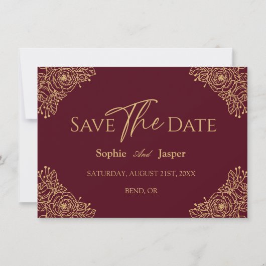 Save The Date Burgundy Gold Floral Mariage Appartement Enregistr (Devant)