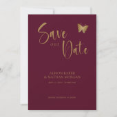 Save The Date Burgundy & Gold Script: Papillon Mariage Pailleté (Devant)