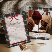 Save The Date Burgundy Green Plaid Christmas Bow Wedding