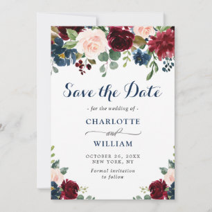 Save The Date Burgundy Marine Bleu Aquarelle Bleu Mariage Floral