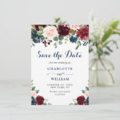 Save The Date Burgundy Marine Bleu Aquarelle Bleu Mariage Floral (Debout devant)