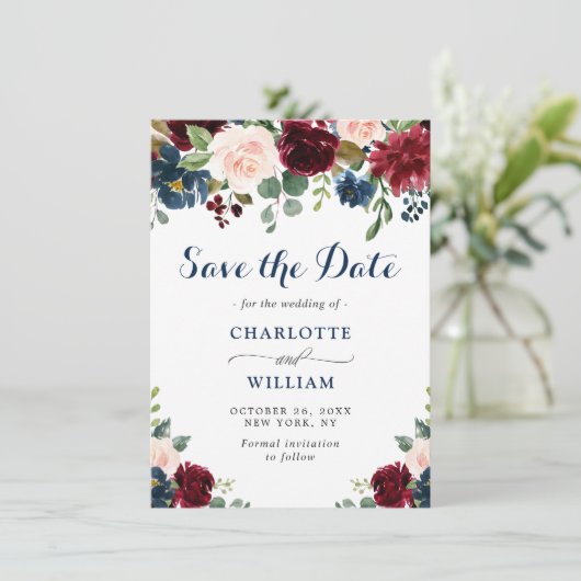Save The Date Burgundy Marine Bleu Aquarelle Bleu Mariage Floral (Debout devant)