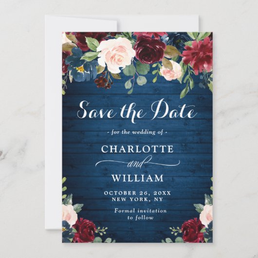 Save The Date Burgundy Marine Bleu Aquarelle Bleu Mariage Floral (Devant)