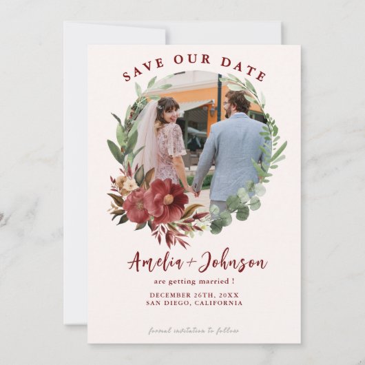 Save The Date Burgundy Maroon Photo Elégant Mariage de automne F (Dos)