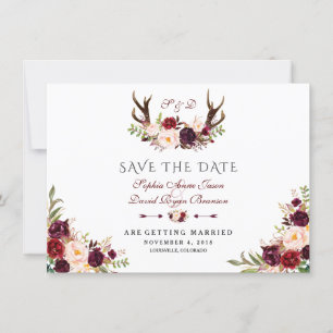 Save The Date Burgundy Marsala Floral And Cornes de Cerf Bleu En