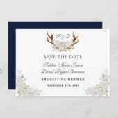Save The Date Burgundy Marsala Floral Antlers Enregistrer La Dat (Devant / Derrière)