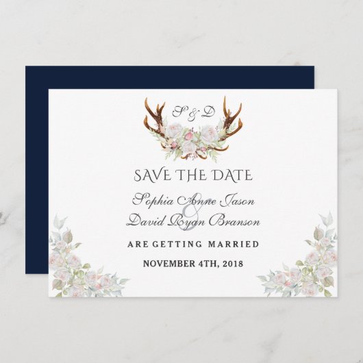 Save The Date Burgundy Marsala Floral Antlers Enregistrer La Dat (Devant / Derrière)