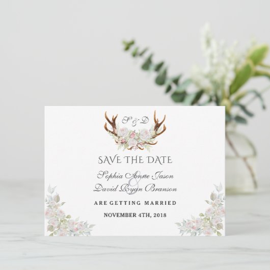 Save The Date Burgundy Marsala Floral Antlers Enregistrer La Dat (Debout devant)