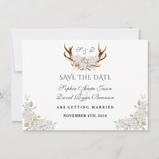 Save The Date Burgundy Marsala Floral Antlers Enregistrer La Dat (Devant)