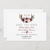 Save The Date Burgundy Marsala Floral Antlers Enregistrer La Dat (Devant / Derrière)