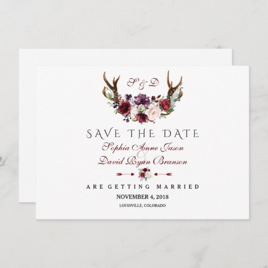 Save The Date Burgundy Marsala Floral Antlers Enregistrer La Dat (Devant / Derrière)