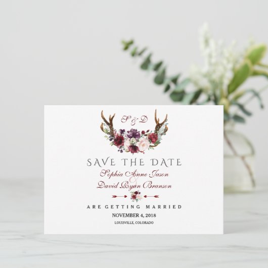 Save The Date Burgundy Marsala Floral Antlers Enregistrer La Dat (Debout devant)