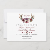 Save The Date Burgundy Marsala Floral Antlers Enregistrer La Dat (Devant)