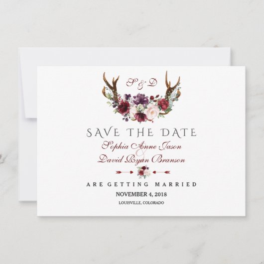 Save The Date Burgundy Marsala Floral Antlers Enregistrer La Dat (Devant)