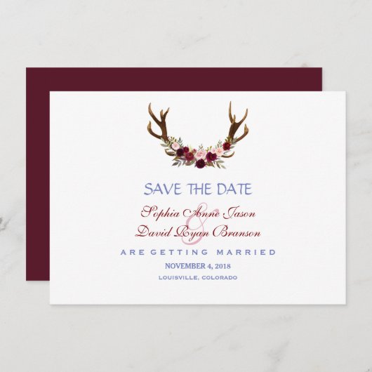 Save The Date Burgundy Marsala Floral Antlers Enregistrer La Dat (Devant / Derrière)