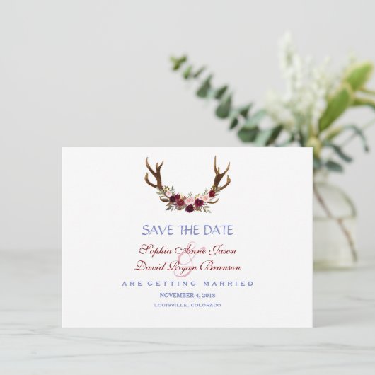 Save The Date Burgundy Marsala Floral Antlers Enregistrer La Dat (Debout devant)