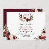 Save The Date Burgundy Marsala Floral Antlers Enregistrer La Dat (Devant / Derrière)