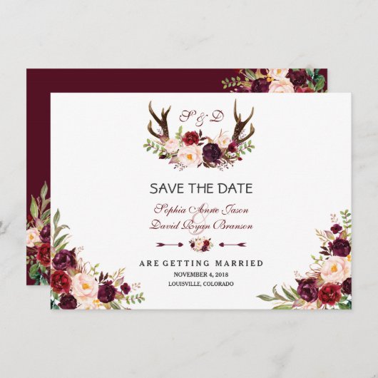 Save The Date Burgundy Marsala Floral Antlers Enregistrer La Dat (Devant / Derrière)