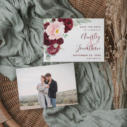 Save The Date Burgundy moderne Blush Floral Greenery Photo