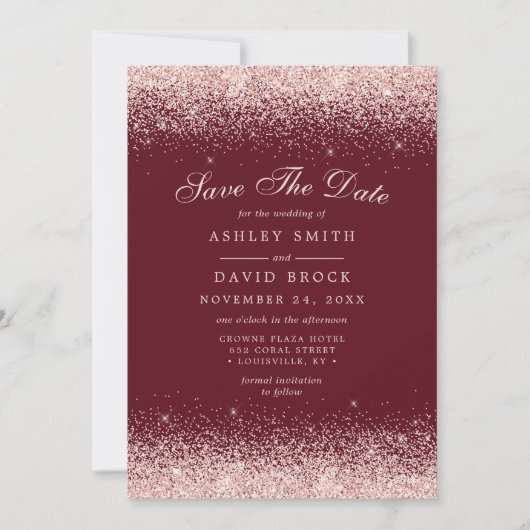 Save The Date Burgundy Moderne Confetti Or Rose Gold (Devant)