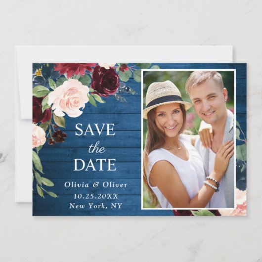 Save The Date Burgundy Navy Blue Blush PHOTO Floral Mariage (Devant)