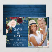 Save The Date Burgundy Navy Blue Blush PHOTO Floral Mariage (Devant / Derrière)