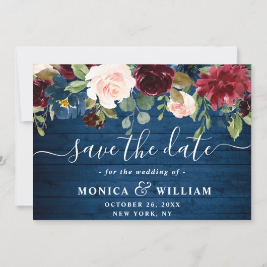 Save The Date Burgundy Navy Blue Blush Rustic Floral Mariage (Devant)