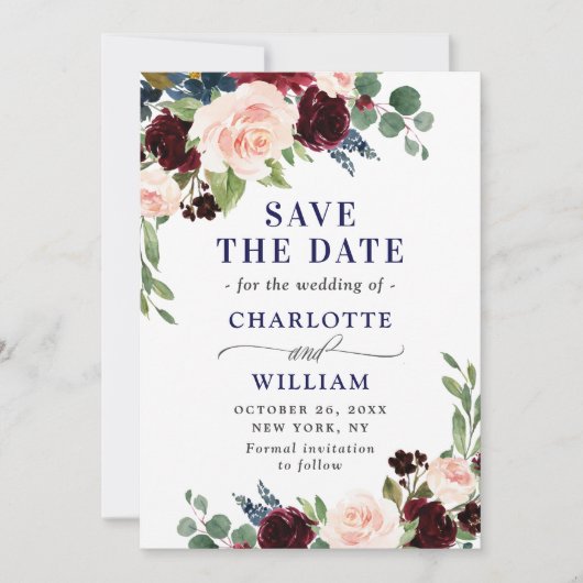 Save The Date Burgundy Navy Blue Blush Rustic Floral Mariage (Devant)
