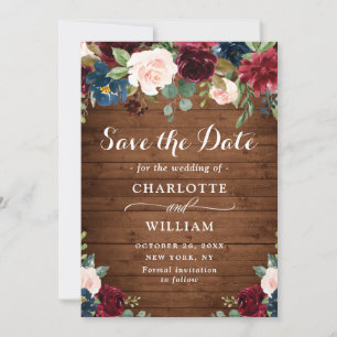 Save The Date Burgundy Navy Blue Blush Rustic Floral Mariage