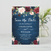 Save The Date Burgundy Navy Blue Blush Rustic Floral Mariage (Debout devant)