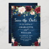 Save The Date Burgundy Navy Blue Blush Rustic Floral Mariage (Devant / Derrière)