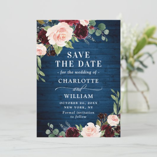 Save The Date Burgundy Navy Blue Blush Rustic Floral Mariage (Debout devant)