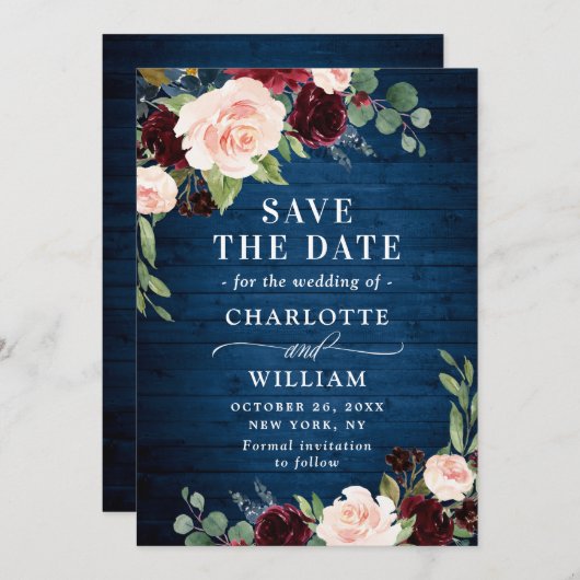 Save The Date Burgundy Navy Blue Blush Rustic Floral Mariage (Devant / Derrière)