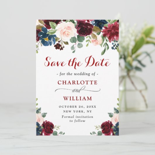 Save The Date Burgundy Navy Blue Blush Rustic Floral Mariage (Debout devant)