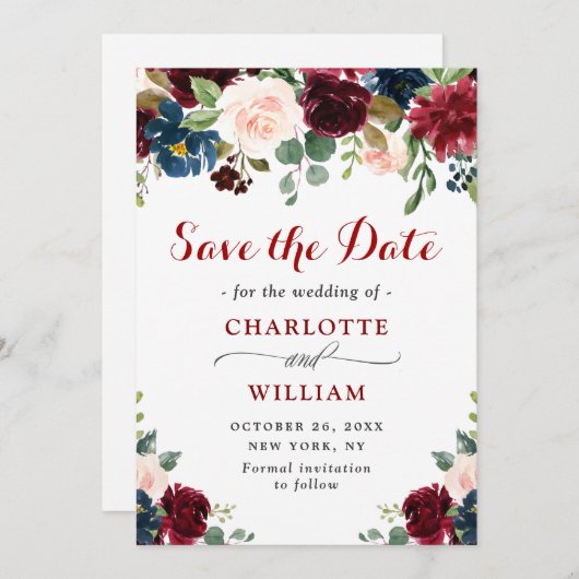 Save The Date Burgundy Navy Blue Blush Rustic Floral Mariage (Devant / Derrière)